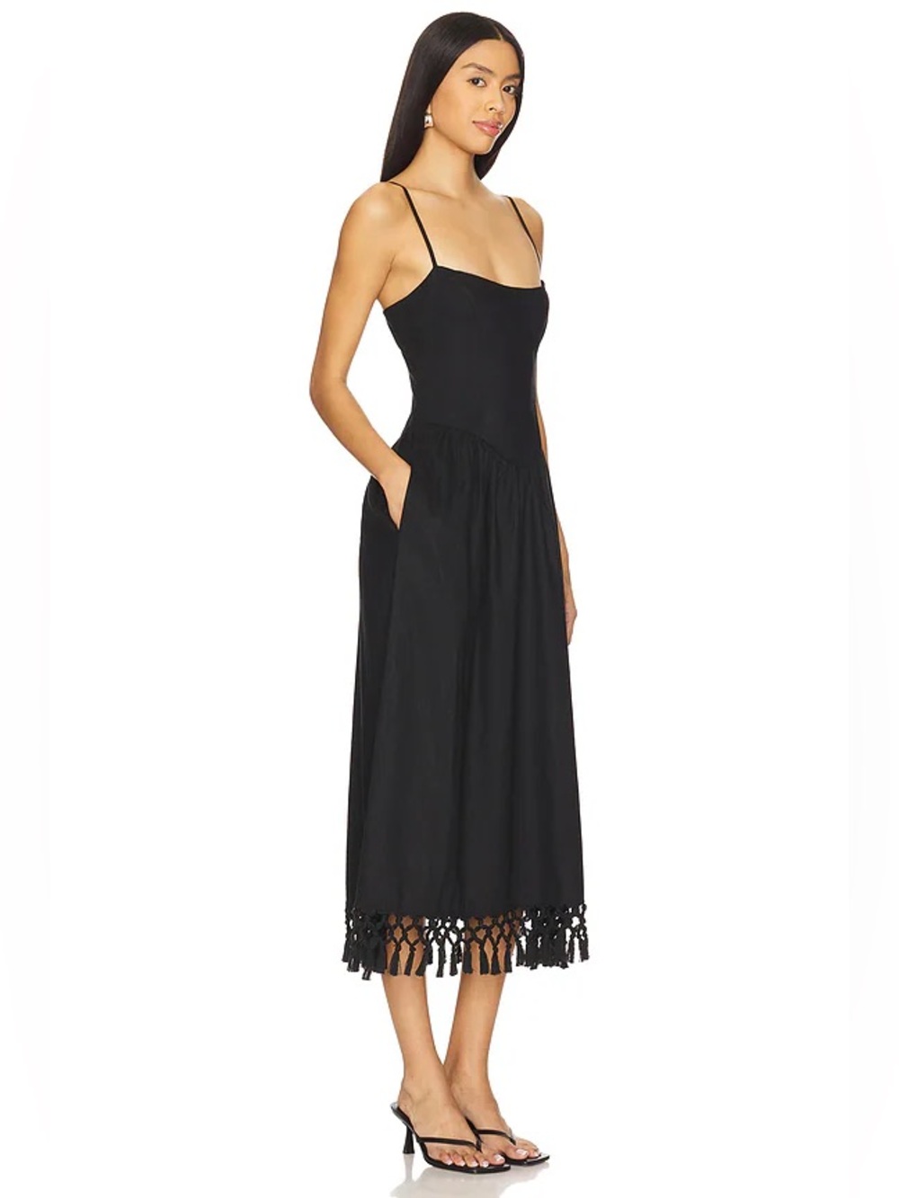 Tularosa Black Maxi Dress NWT S Spaghetti Strap Fringe Hem Boho Formal